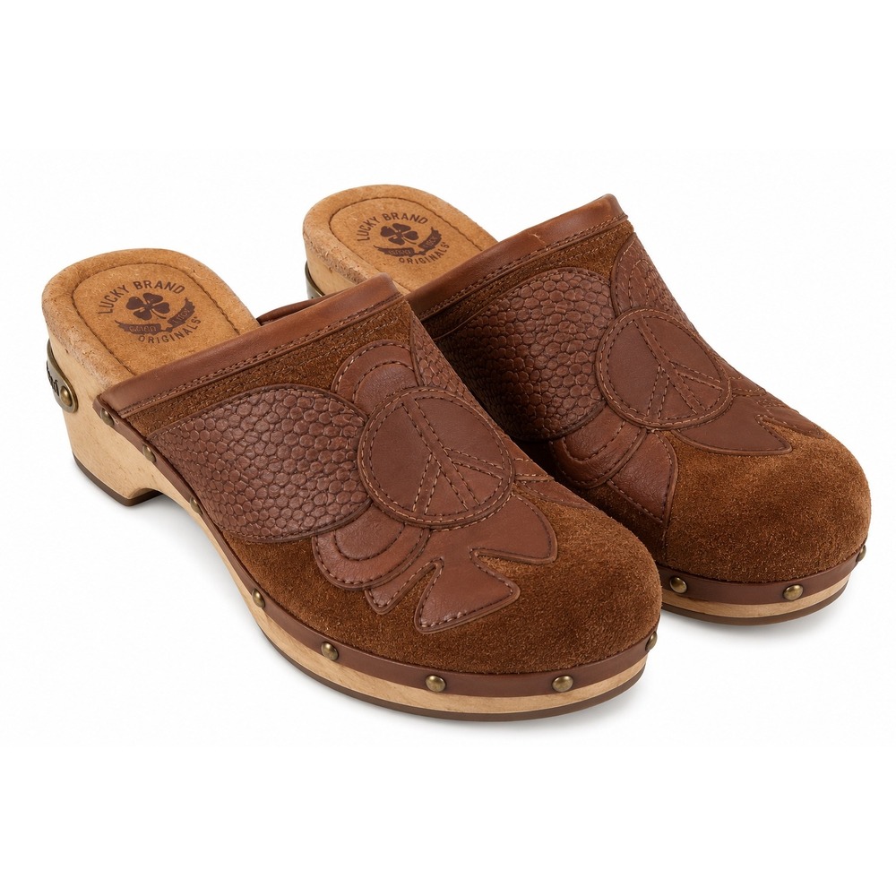 Lucky Brand 7M Brown Suede Leather Peace Sign Clogs Mules Y2K Boho Wood